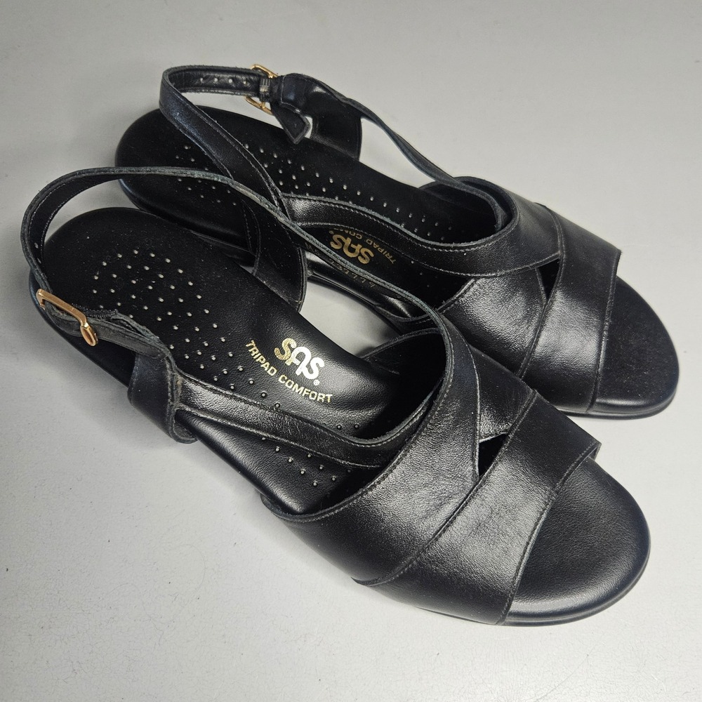 SAS Tripad Comfort Black Leather Slingback Wedge Sandals Womens 9.5 W USA Made